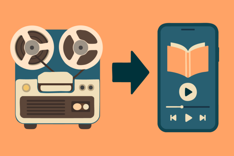 Illustrasjon av magnetofon og mobiltelefon med lydbokapp.